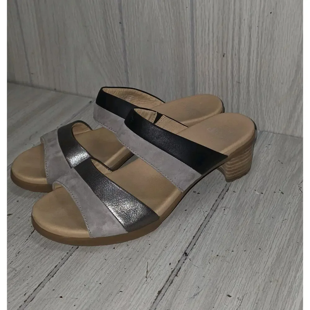 Dansko Theresa Slide Sandals Gray Black Leather Block Heel Shoes US 9 Boho